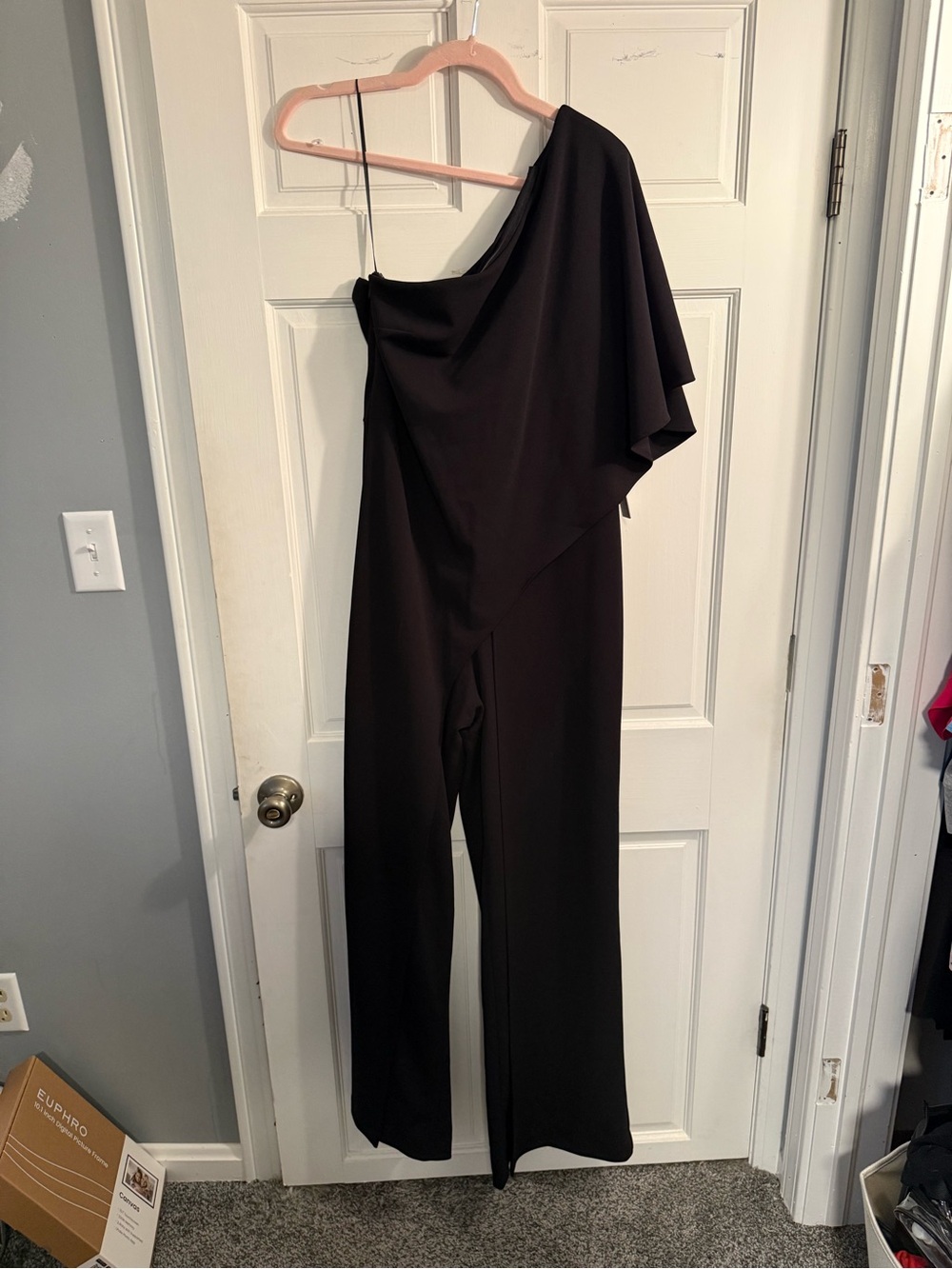 Adrianna Papell Black One-Shoulder Draped Jumpsuit
